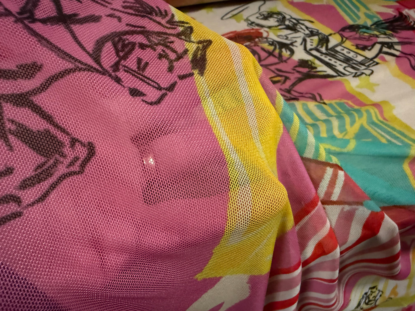 Power mesh net stretch spandex fabric, per metre - cowgirl rodeo print - multicolour