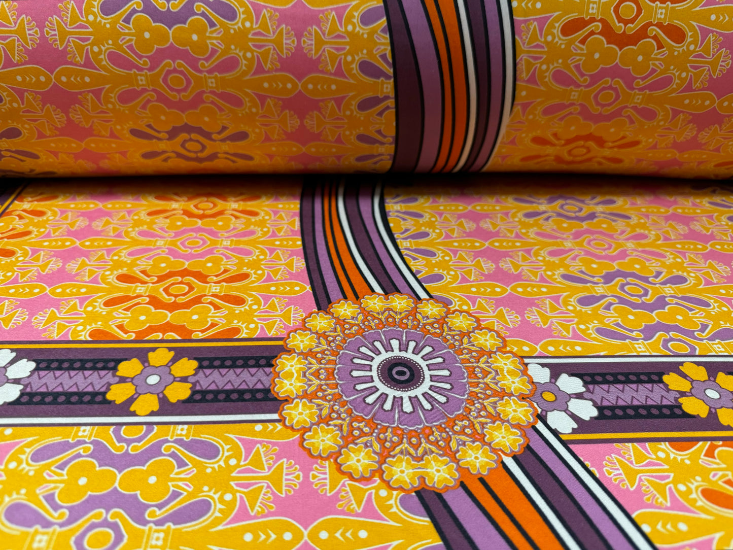 Soft touch stretch spandex single jersey fabric, per metre - retro floral print - orange & purple