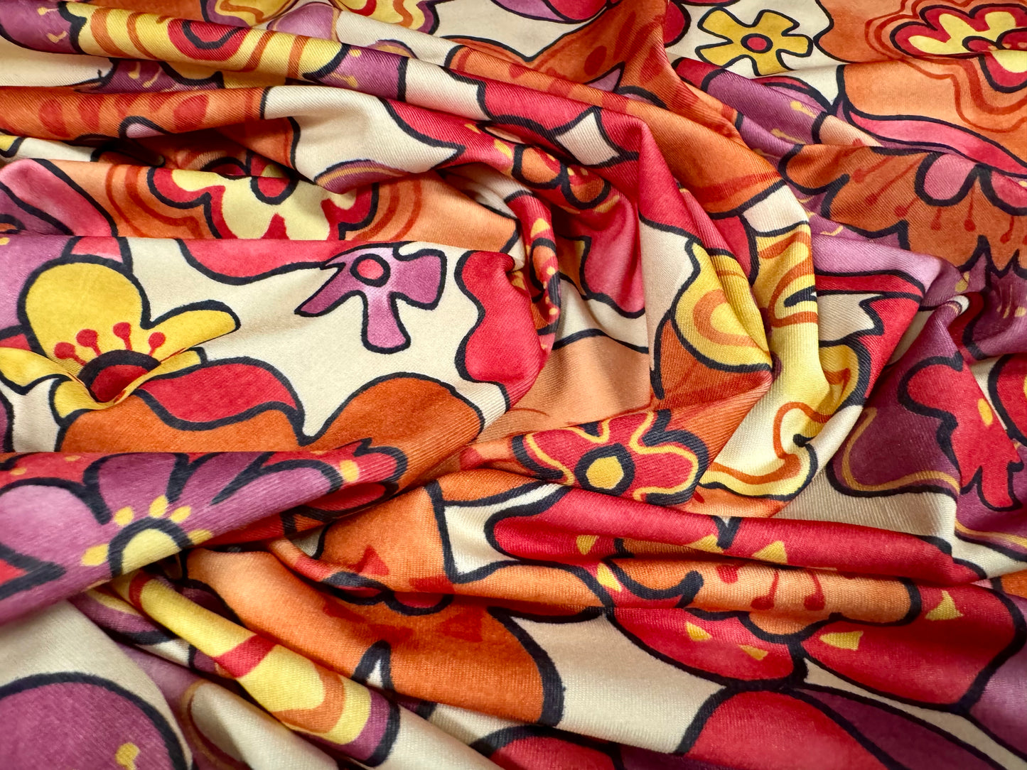 DTY stretch spandex single jersey fabric, per metre - retro flower print- cream pink & orange