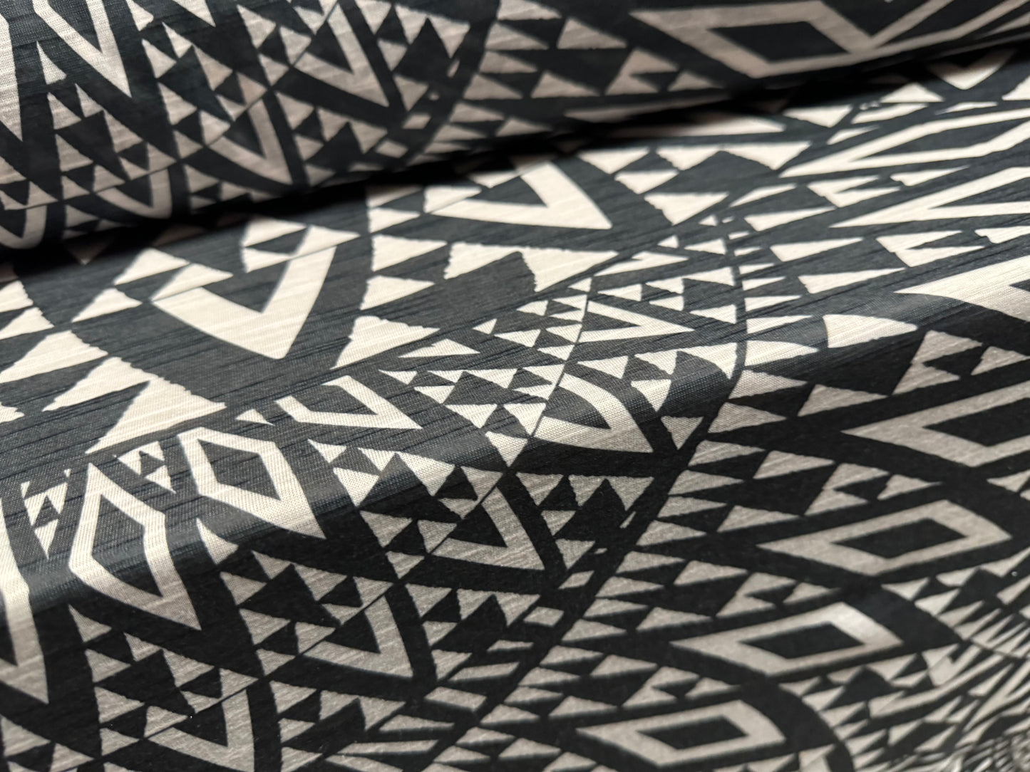 Soft handle single jersey fashion fabric, per metre - tribal tattoo print- ecru & black