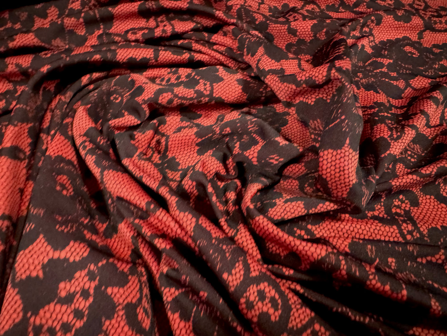 Valentino crepe spandex jersey fabric - similar to scuba - per metre - lace print - rust & black