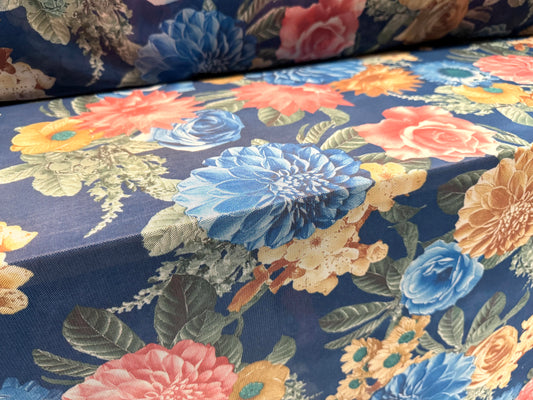 Power mesh net stretch spandex fabric, per metre - carnation bouquet print - blue pink & beige