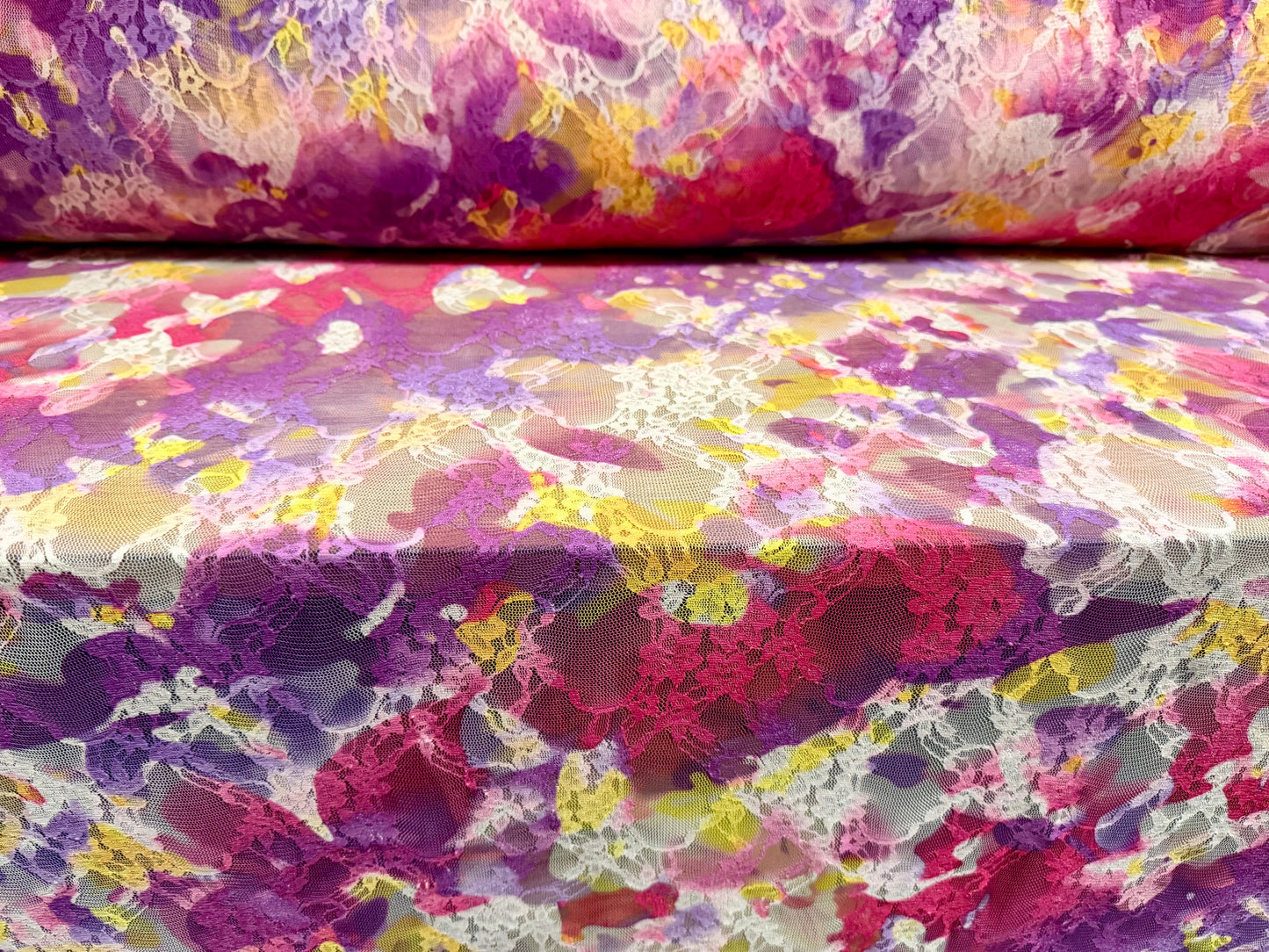 Stretch spandex mesh lace fabric, per metre - Inkwash floral print - pink & purple
