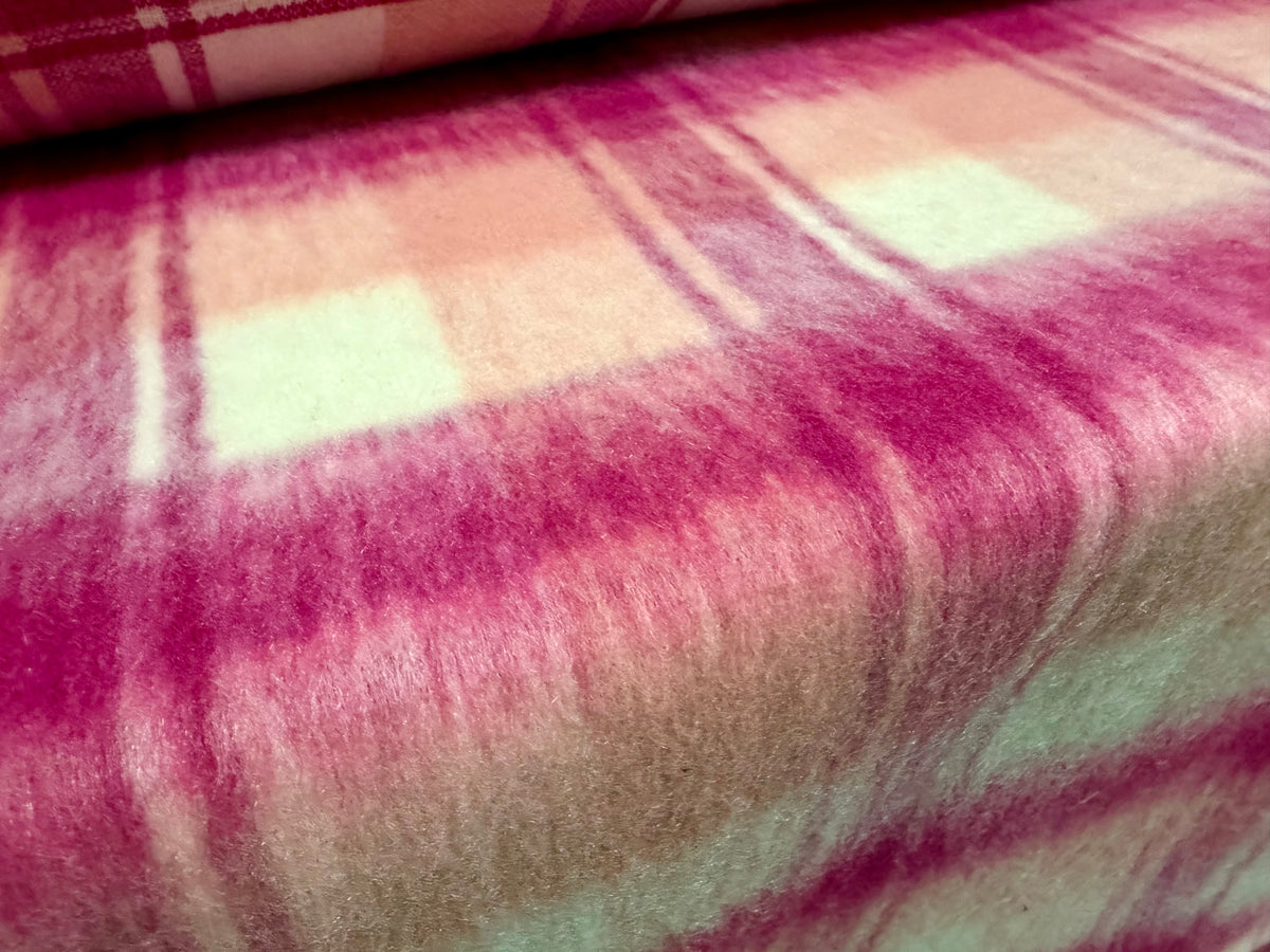 Wool faux fur fabric, per metre - plaid check - pink & magenta