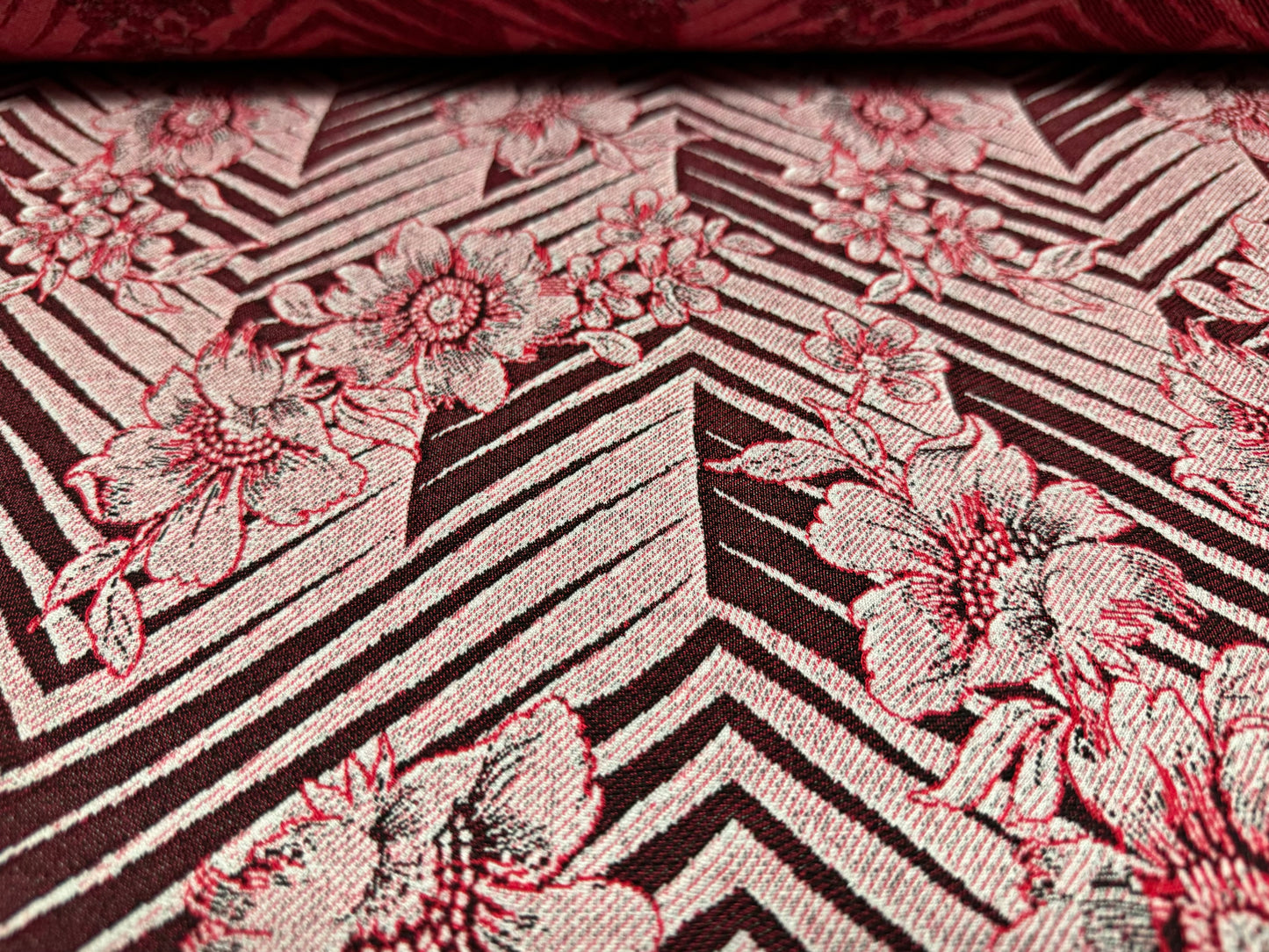 Stretch double jersey fabric, per metre - stylised flower jacquard - red pink & aubergine