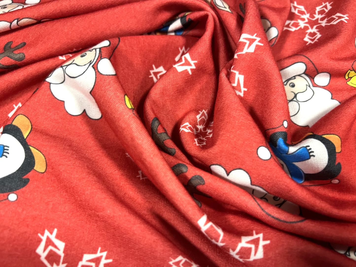 Stretch French Terry soft loopback jersey fabric, per metre - Christmas Santa Claus & Reindeers print - red