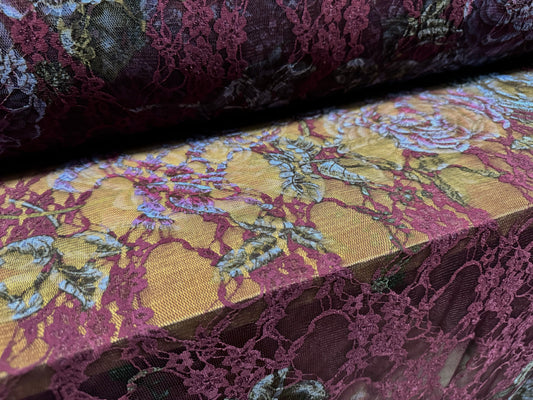 Stretch spandex mesh lace fabric, per metre - rose print - plum & blue