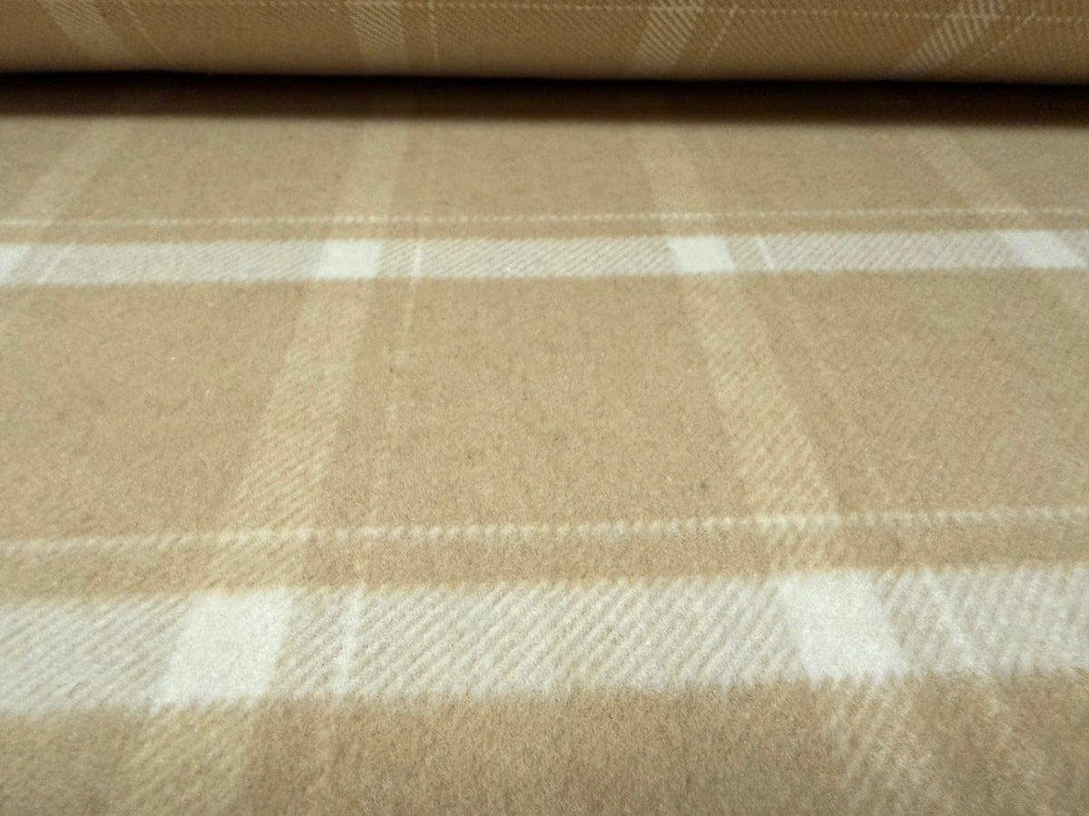 Wool flannel fabric, per metre - plaid check - stone