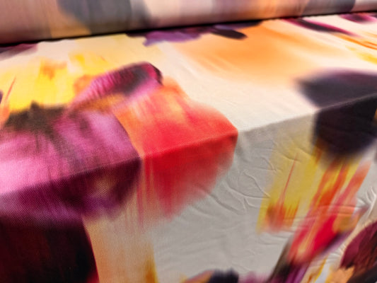 Power mesh net stretch spandex fabric, per metre - technicolour smudge print - purple cream & peach