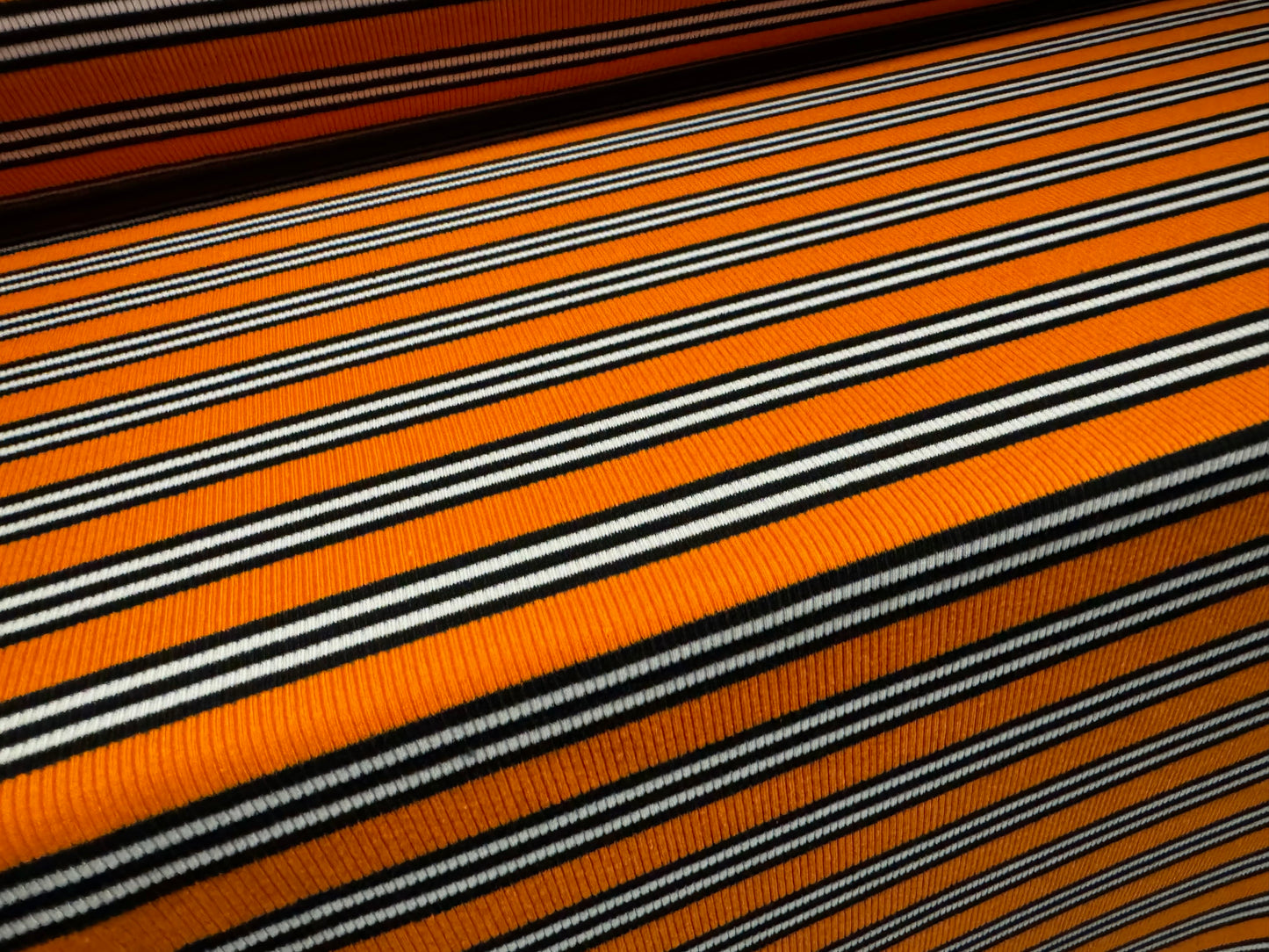 Stretch Spandex rib jersey fabric, per metre - stripe - orange black & white