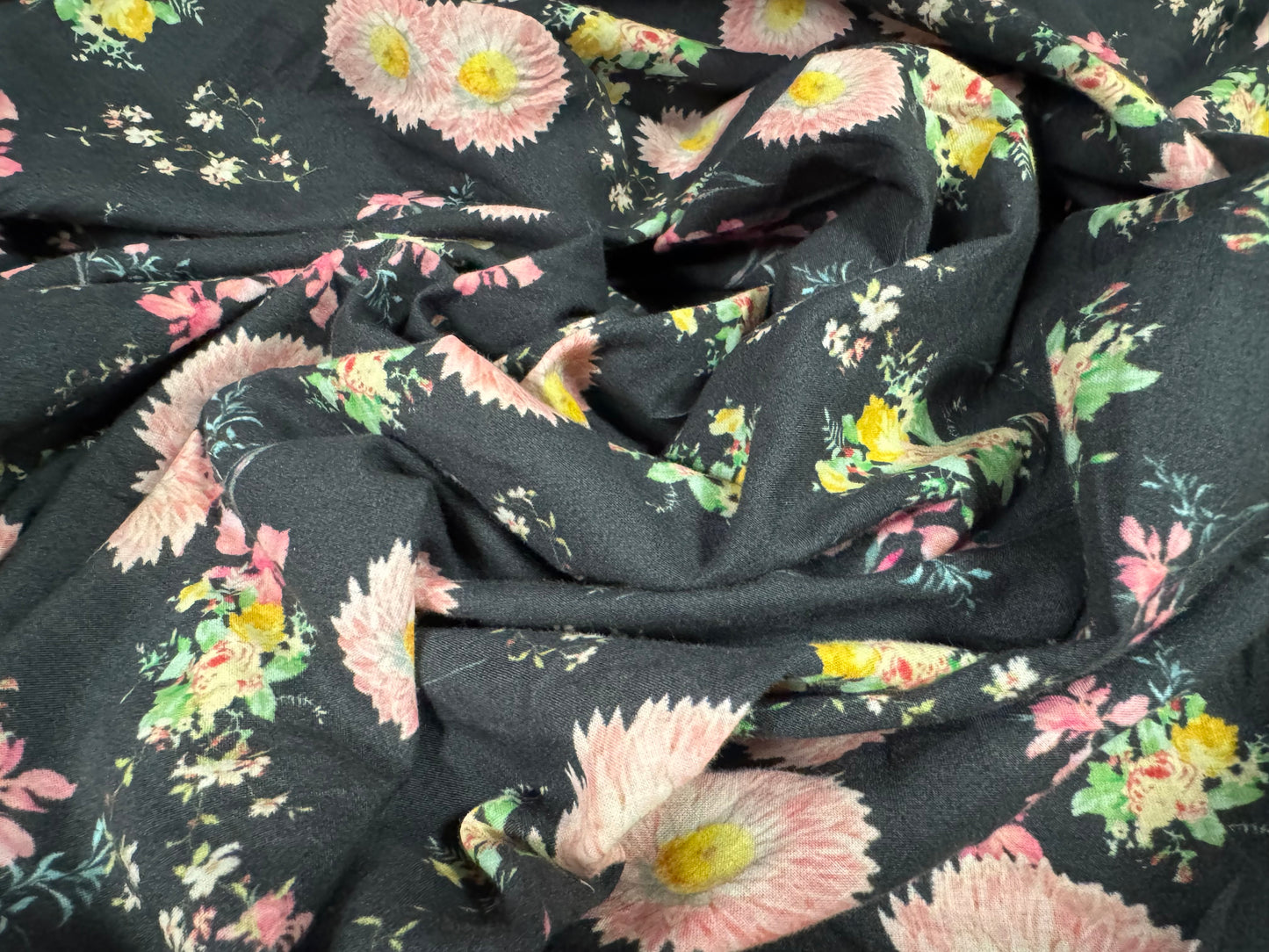 Viscose challis woven dress fabric, per metre - floral print - charcoal & pink