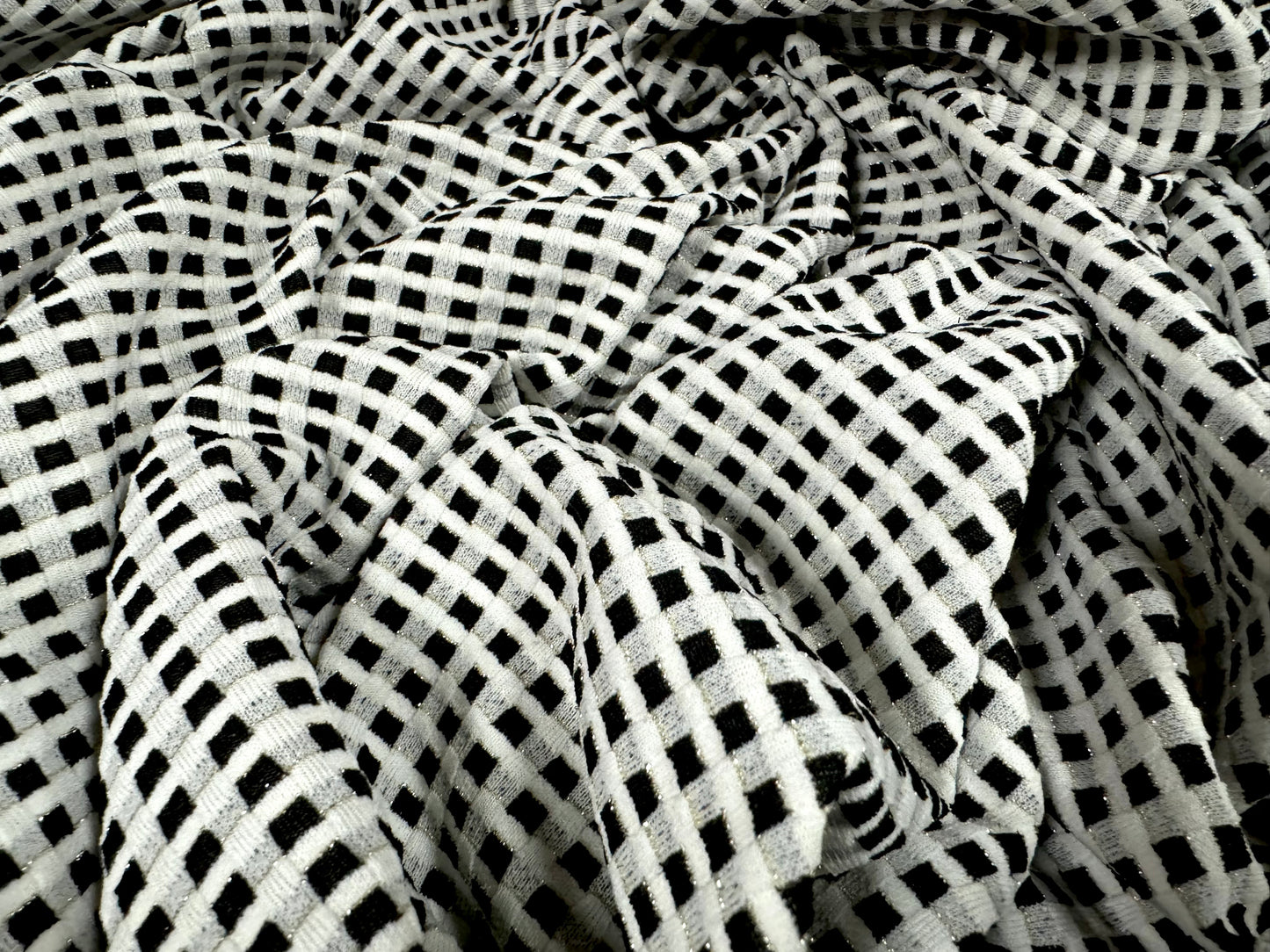 Metallic stretch double jersey fashion fabric, per metre - stylised gingham check - black & white with silver lurex