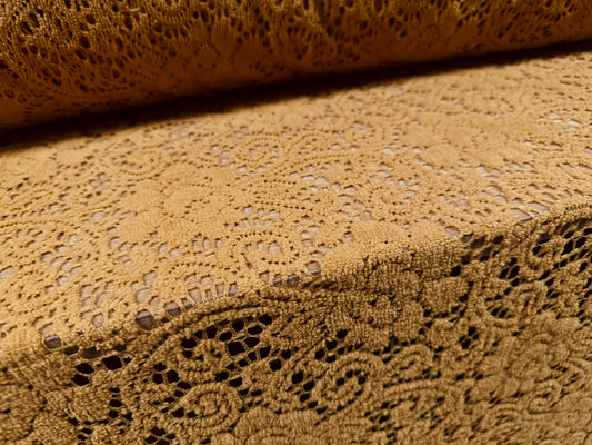 Flocked lace dress fabric, per metre - floral pattern - tortilla brown