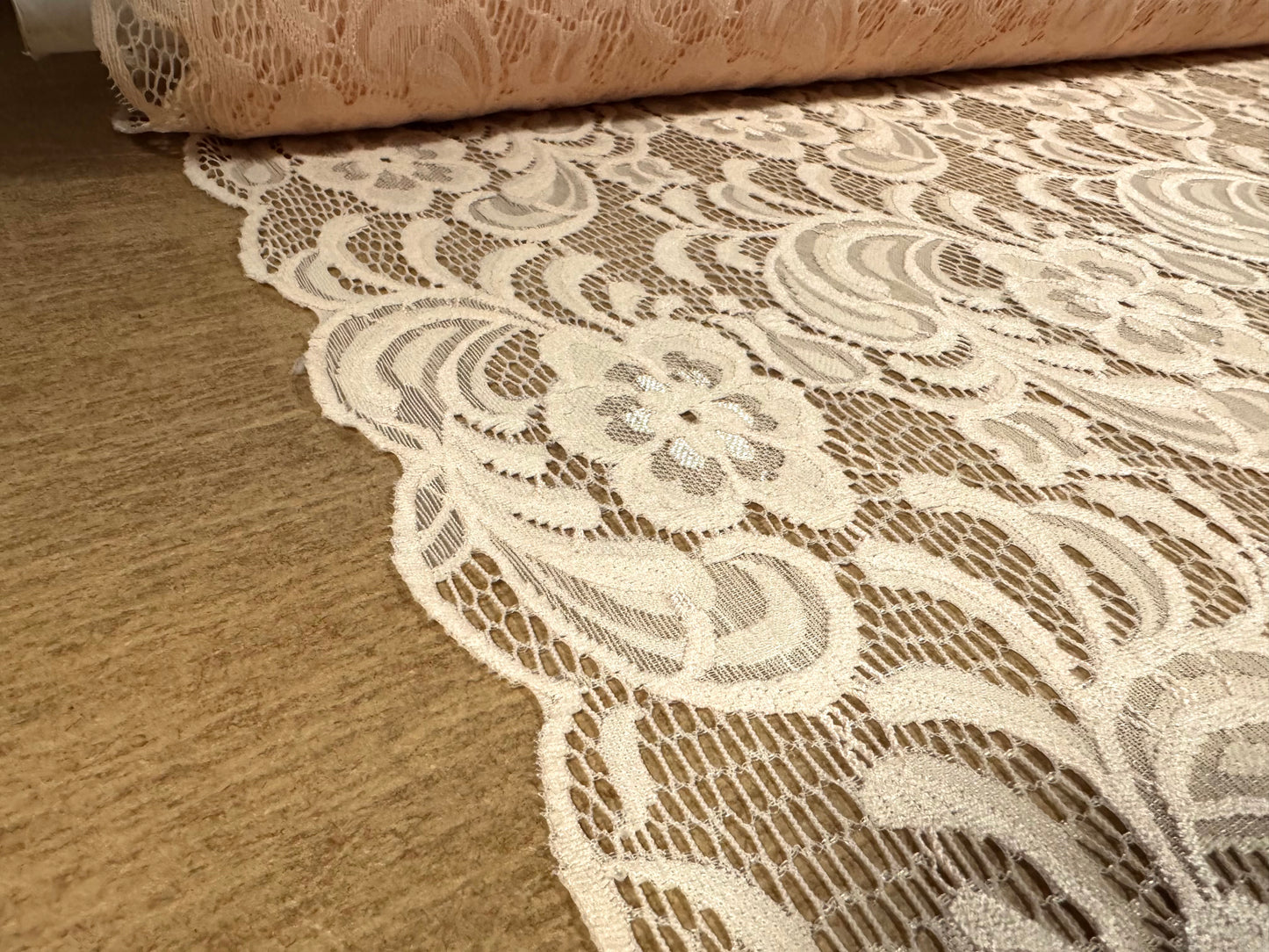 Soft stretch lace dress fabric, per metre - scalloped selvedge - flower design - peach