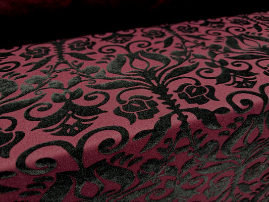 Scuba stretch double jersey fabric, per metre - flocked damask print - burgundy