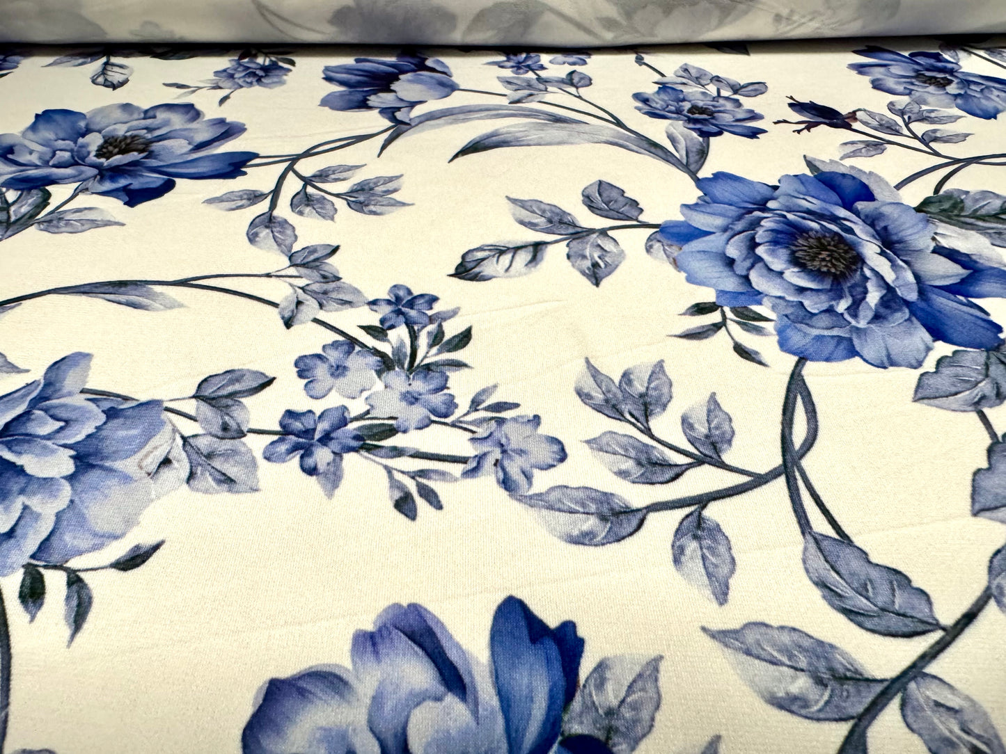 ITY stretch spandex single jersey fabric, per metre - rose print - blue & white