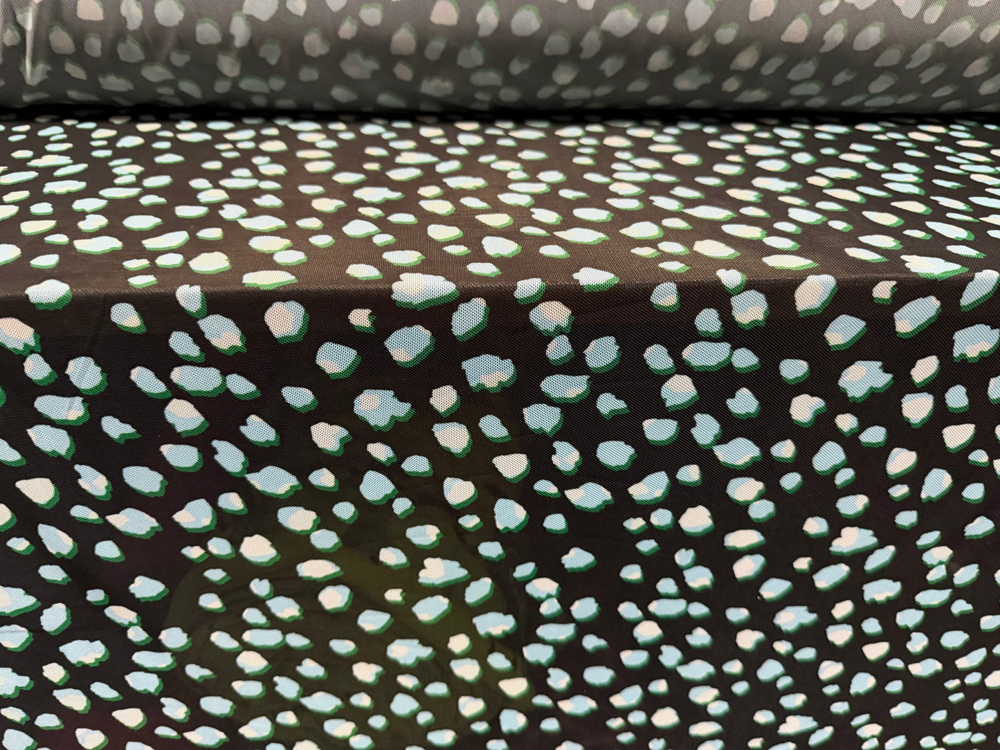 Power mesh net stretch spandex fabric, per metre - abstract print - black & turquoise