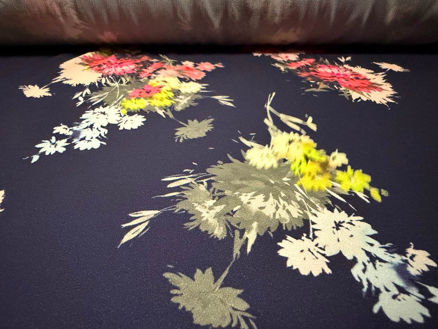 Stretch spandex crepe woven dress fabric, per metre - floral print - navy blue