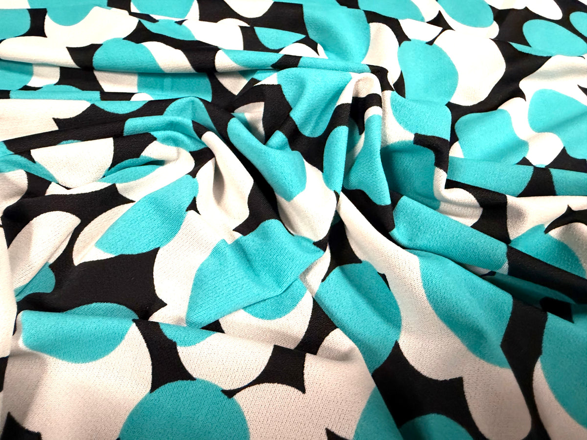 Stretch spandex crepe jersey fabric, per metre - retro circles print - turquoise black & white