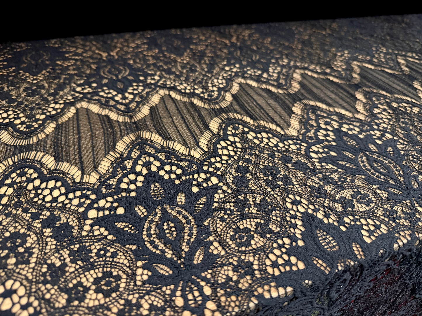Intricate lace fabric, per metre - mandala floral design - black