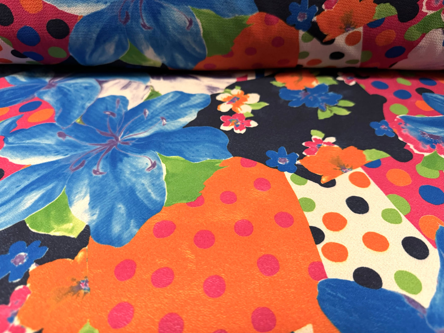 Bubble crepe stretch woven dress fabric, per metre - lilies & polka dots print - multicolour