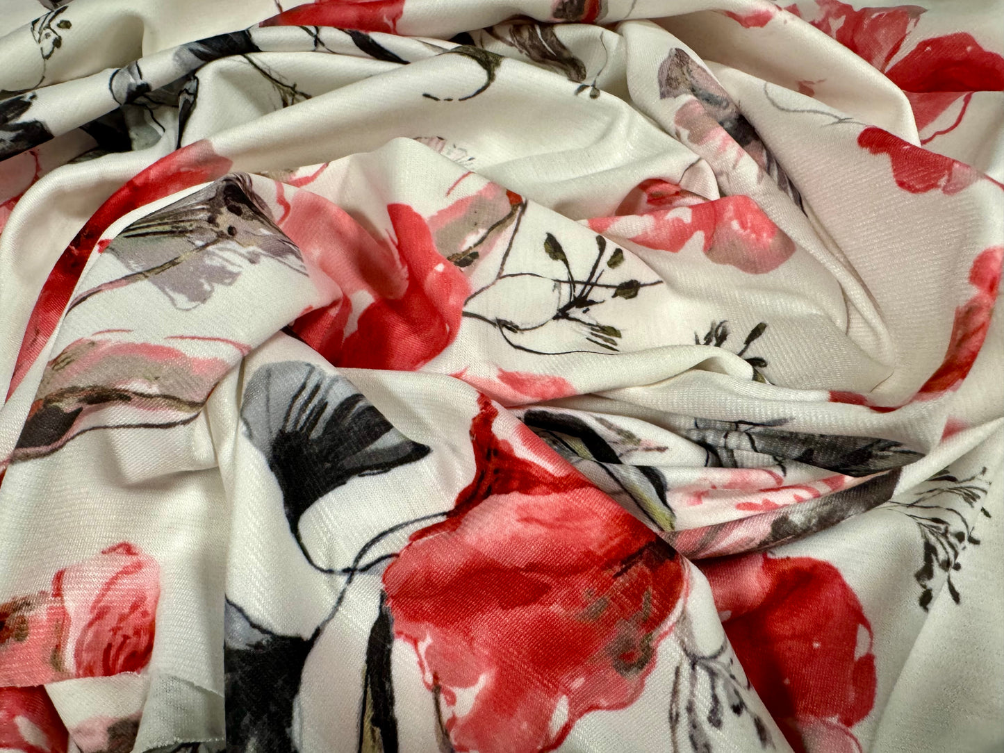 Ponte Roma double jersey knit stretch fabric, per metre - watercolour floral print - pink & ivory