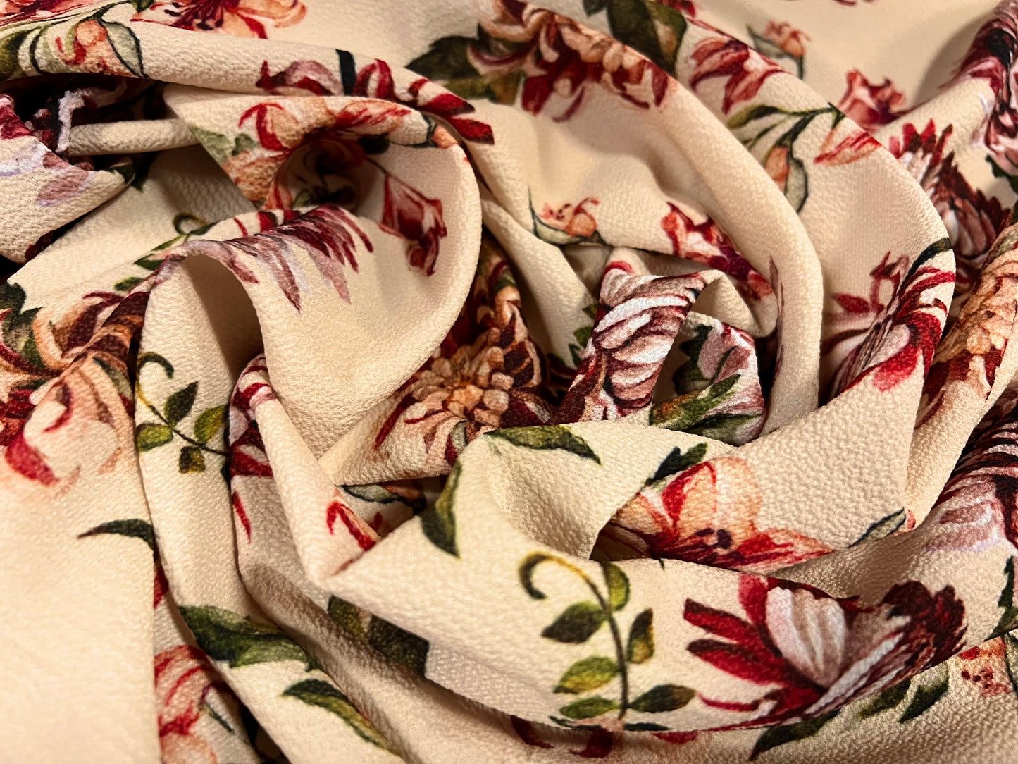 Pebble crepe woven stretch dress fabric, per metre - floral print - cream