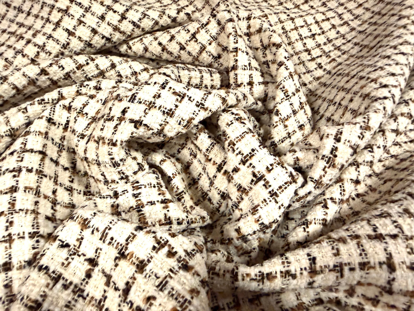Wool bouclé fabric, per metre - grid check - brown & cream