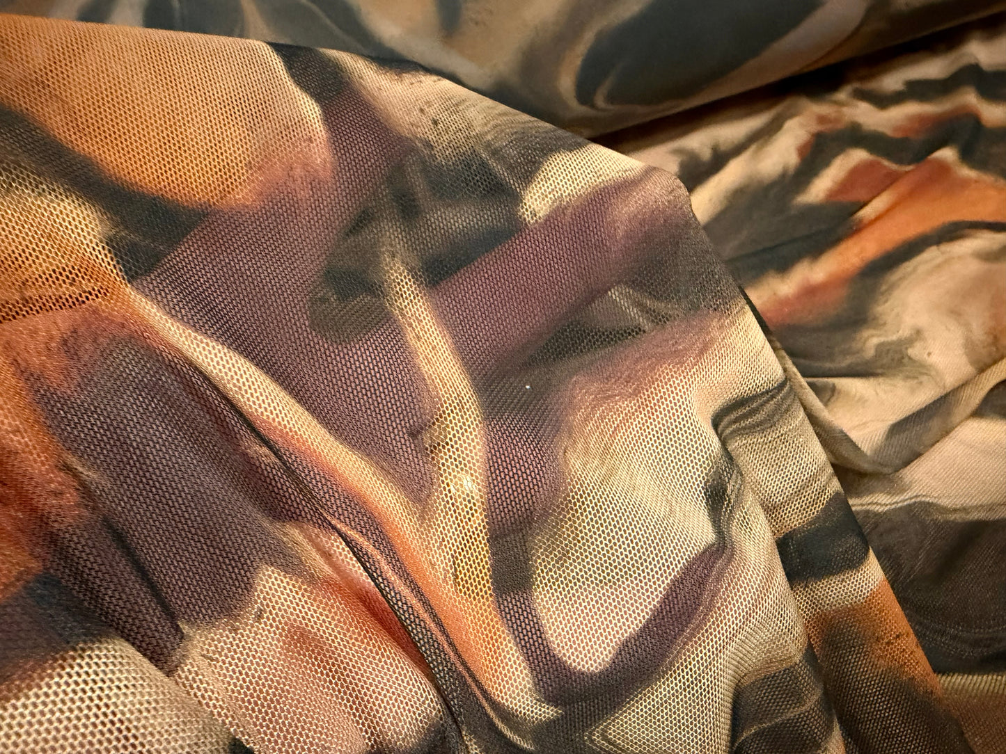 Power mesh net stretch spandex fabric, per metre - abstract tiger print - caramel & beige