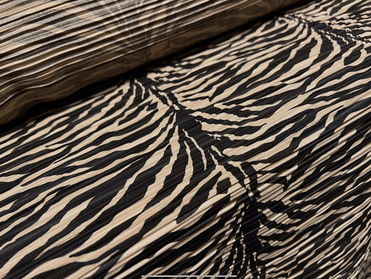 Plissé pleated dress fabric, per metre - zebra animal print - beige & black