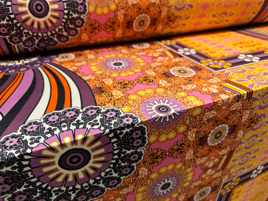 Soft touch stretch spandex single jersey fabric, per metre - retro floral print - orange & purple