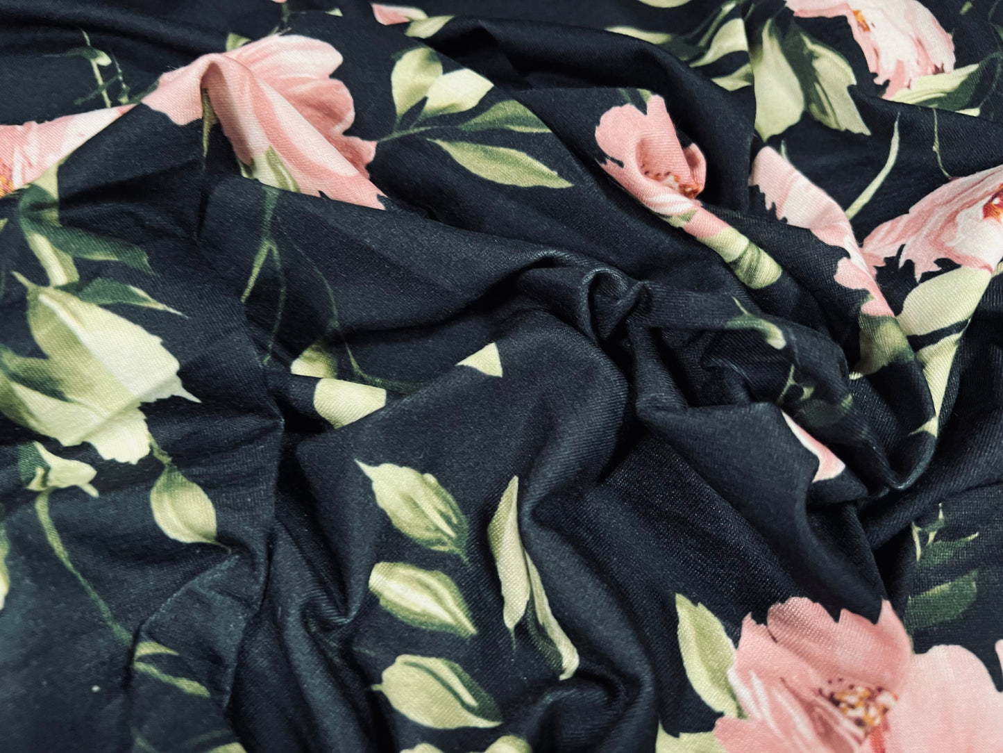 Soft handle single jersey fabric, per metre - rose flower print - black & pink