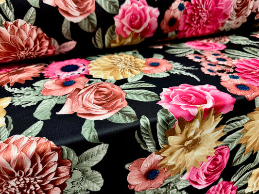 French Terry loopback sweatshirt jersey fabric, per metre - carnations floral print - black & pink