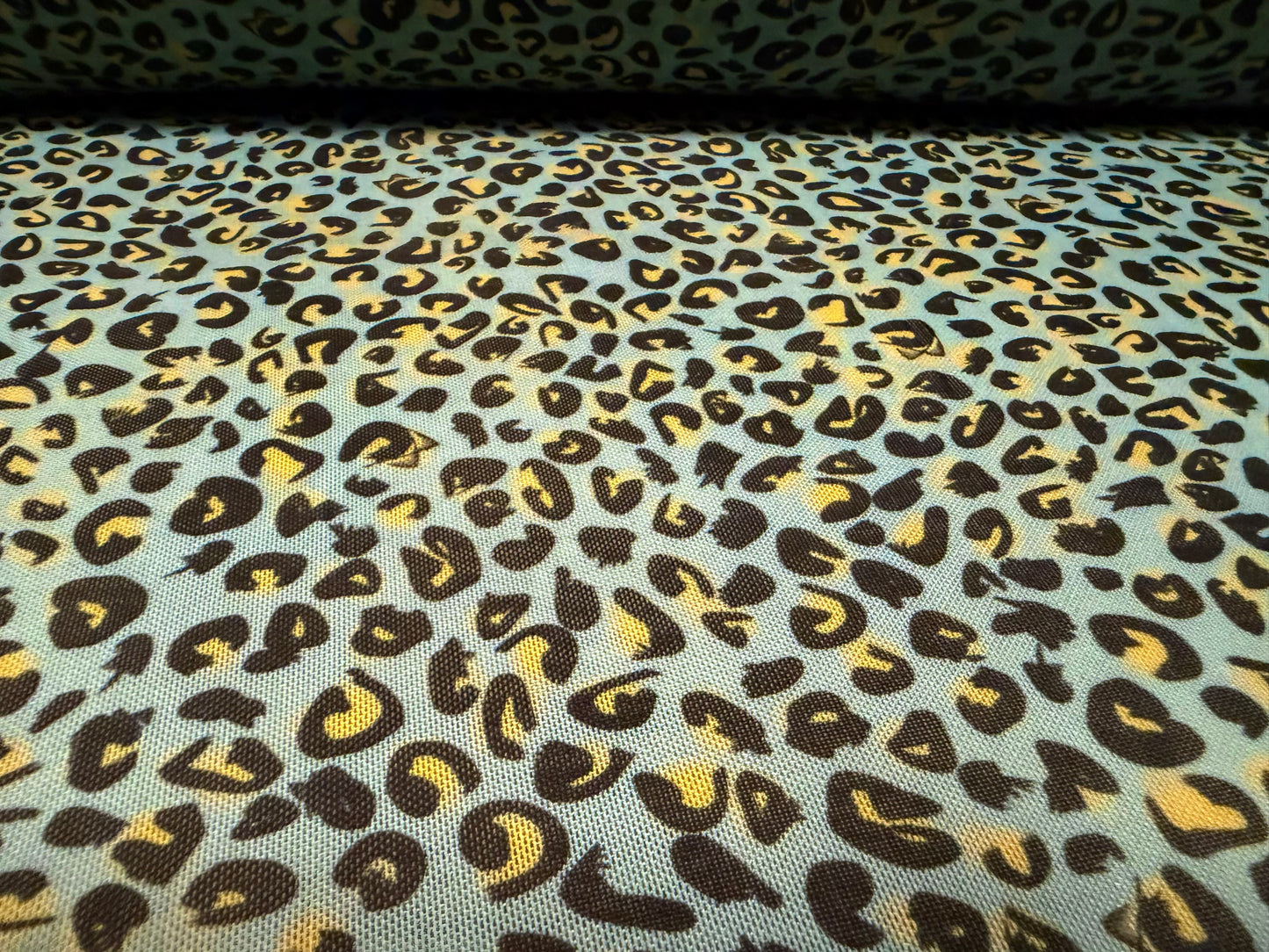 Power mesh net stretch spandex fabric, per metre - micro leopard animal print - blue & yellow