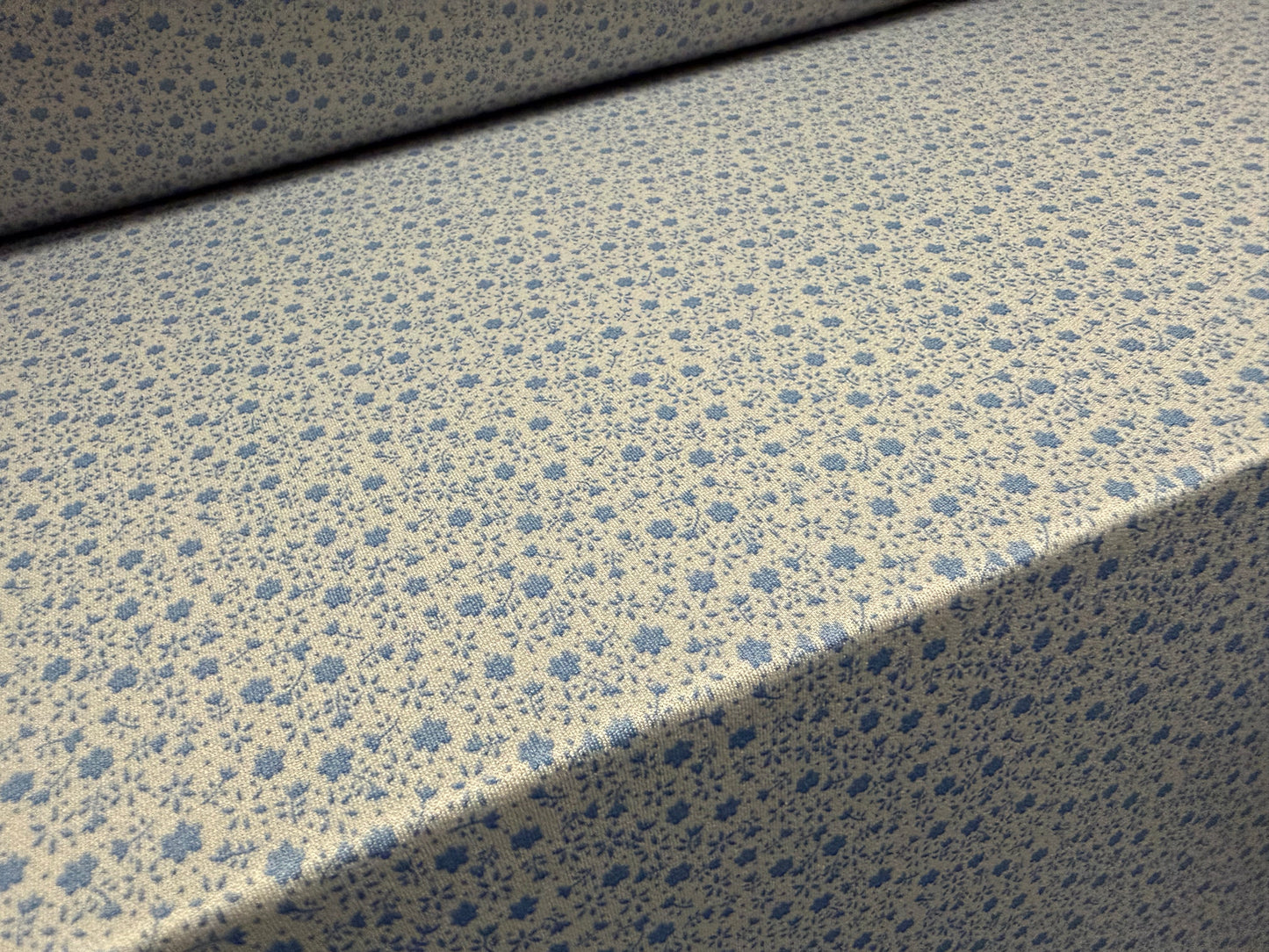Stretch spandex crepe jersey fabric, per metre - ditsy floral print - grey & blue