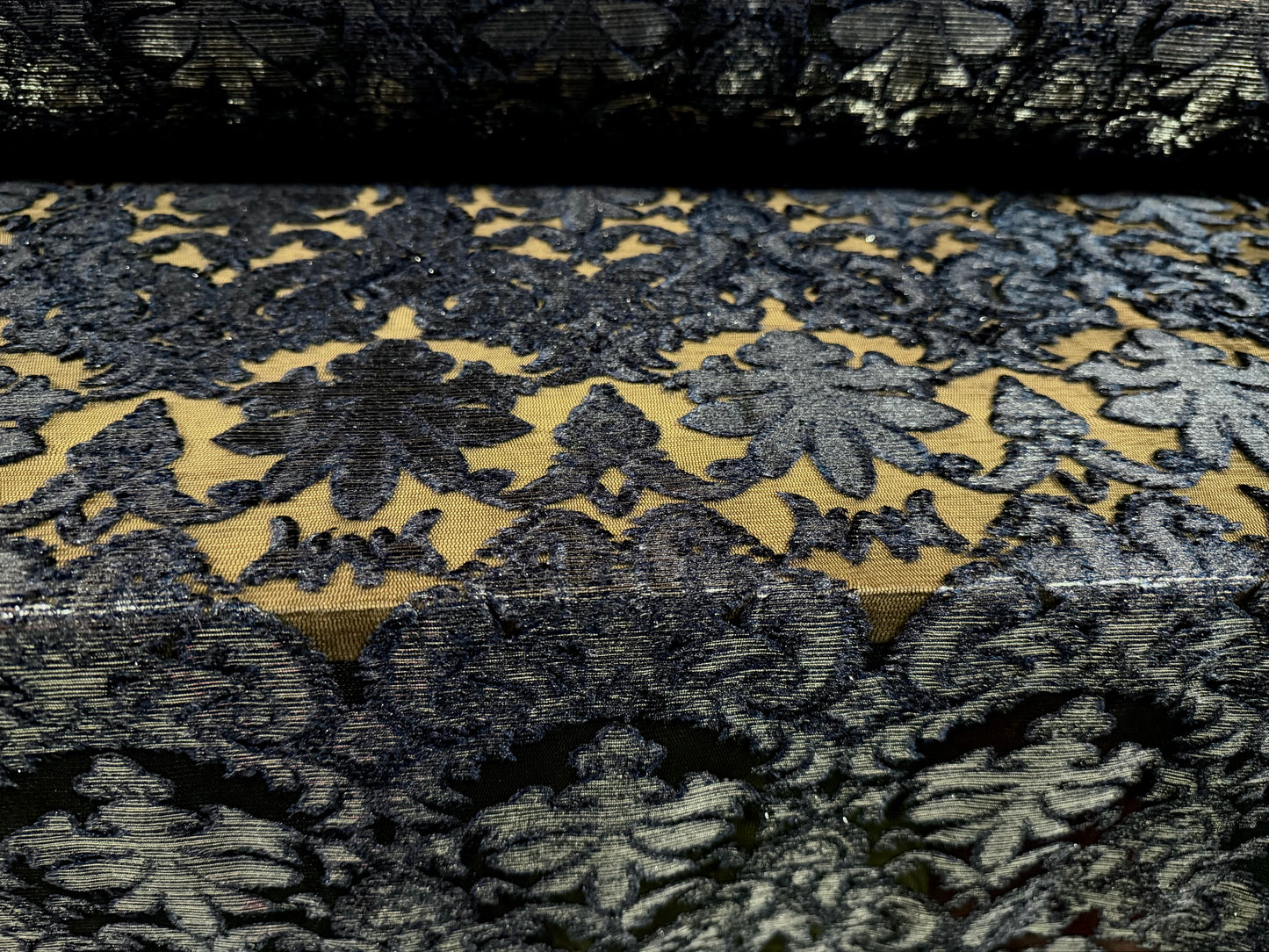 Metallic devoré burnout woven fabric, per metre - damask - indigo & silver lurex