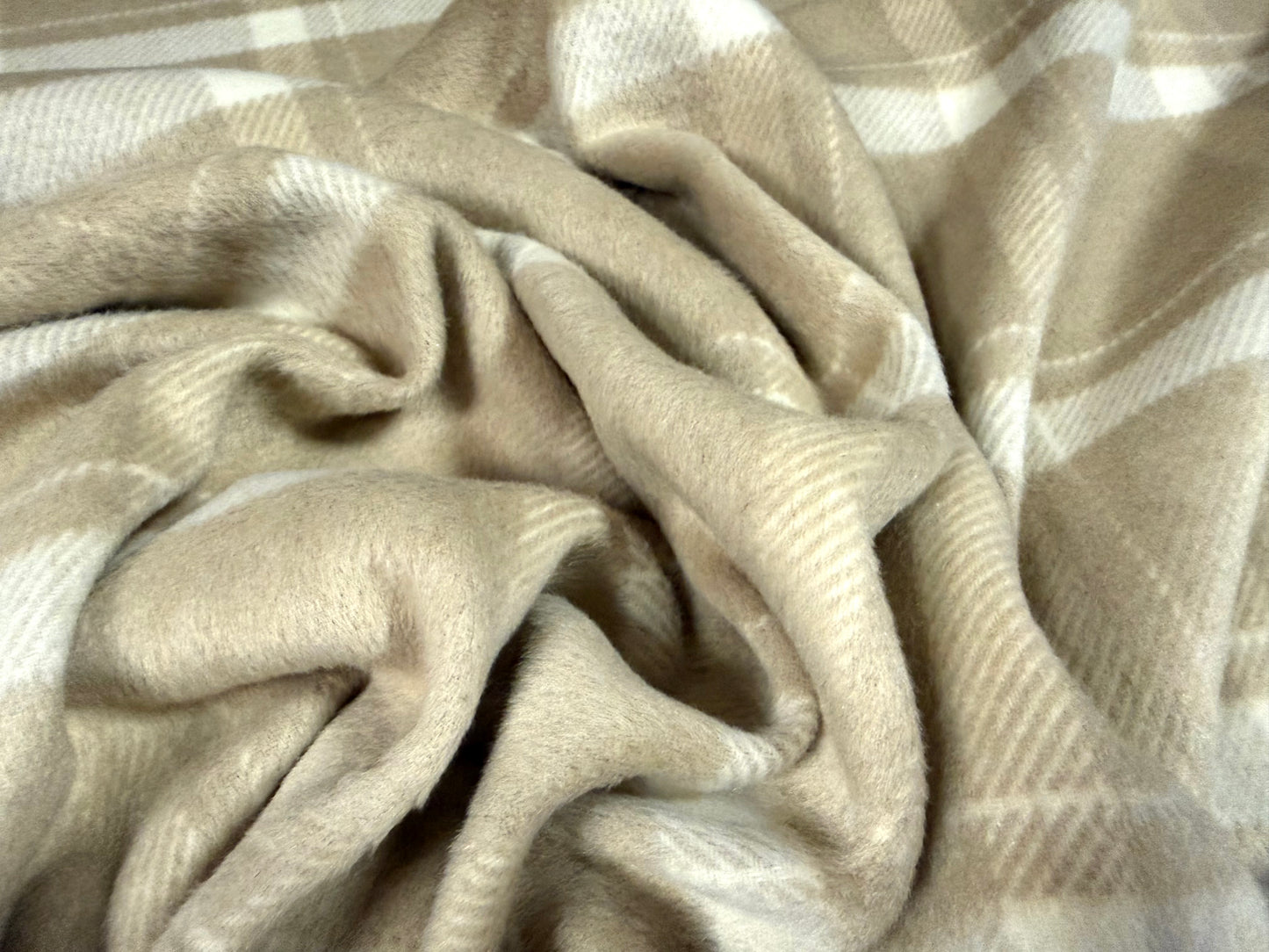 Heavyweight wool flannel fabric, per metre - plaid check - beige