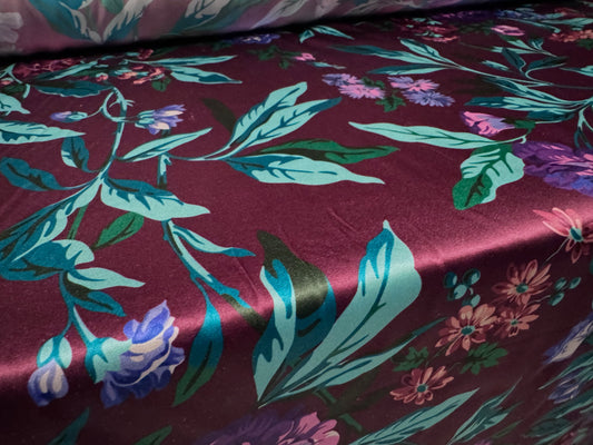 Silky Stretch charmeuse satin dress fabric, per metre - floral print - plum jade & purple