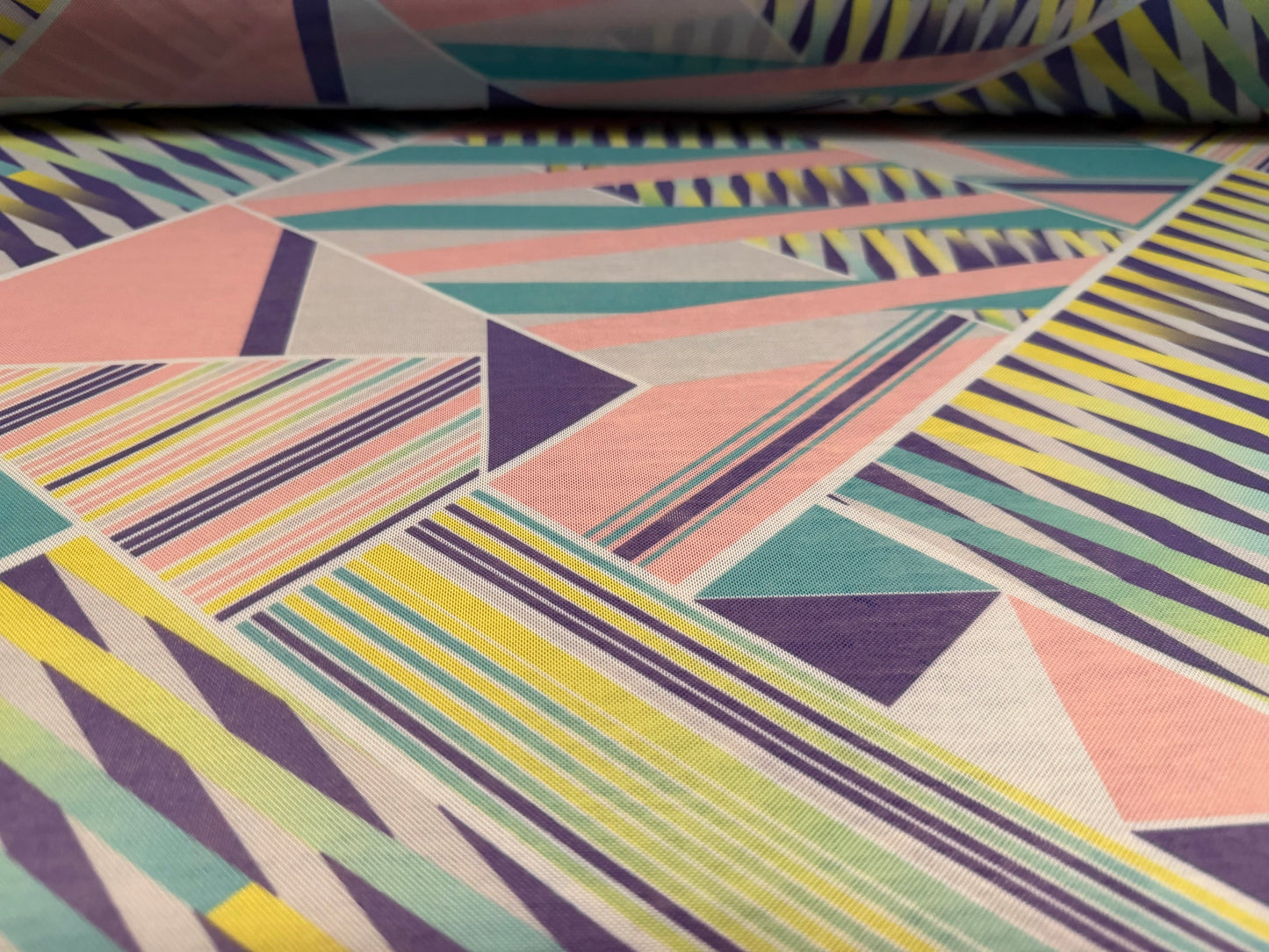 Power mesh net stretch spandex fabric, per metre - geometric print - pink & jade