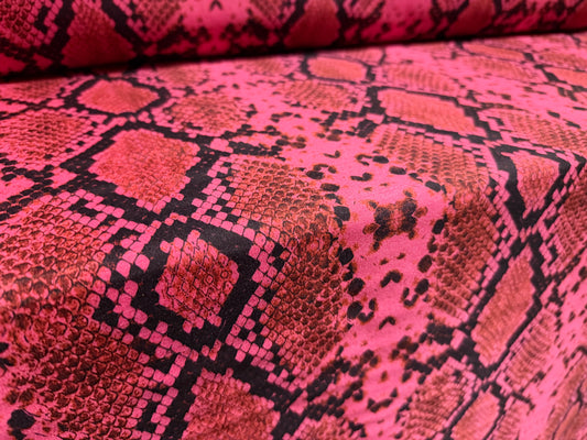 Shantung satin faux silk woven dress fabric, per metre - snakeskin print - cerise pink