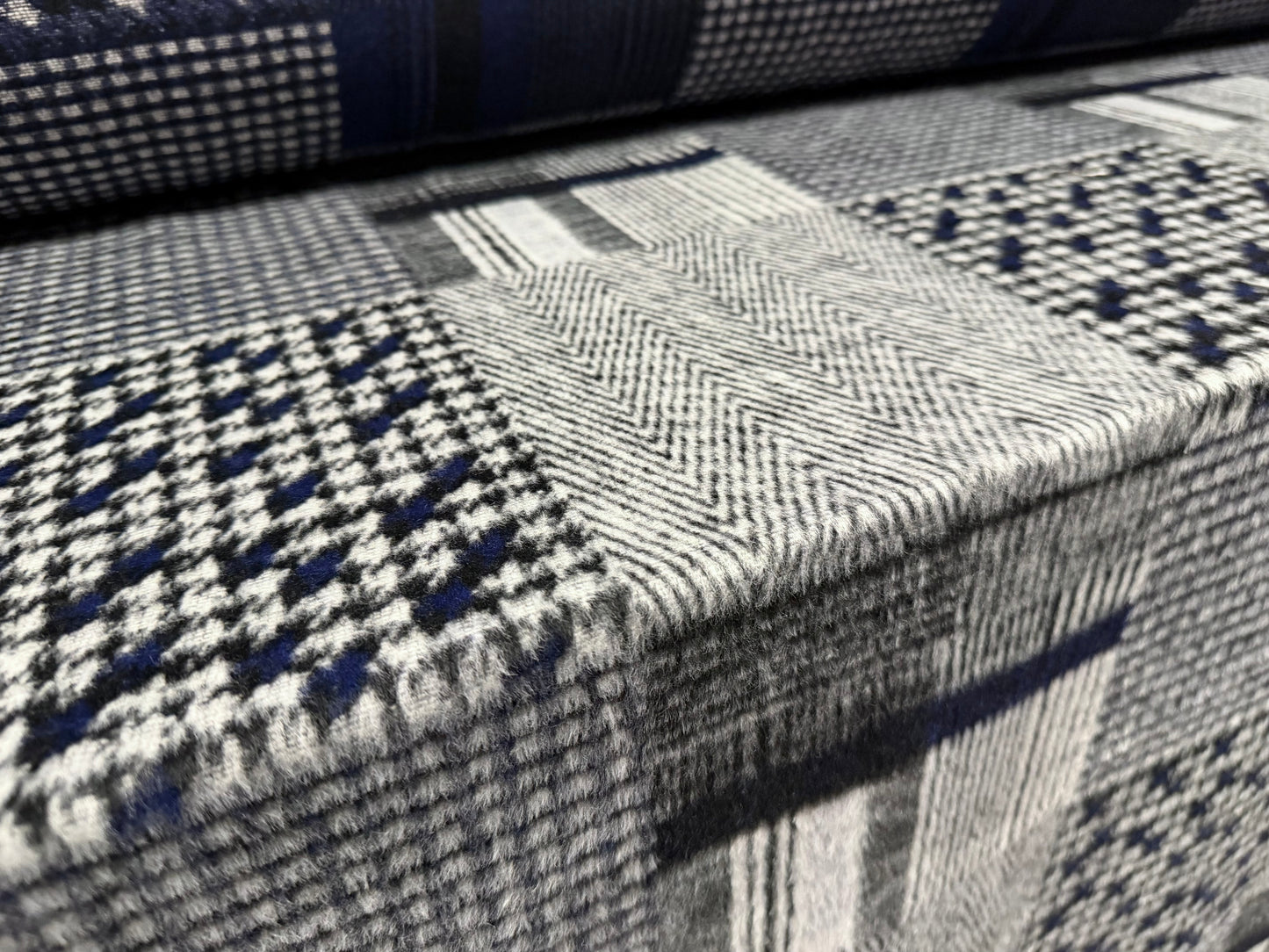 Heavyweight wool flannel coat jacket fabric, per metre - patchwork jacquard - navy & grey
