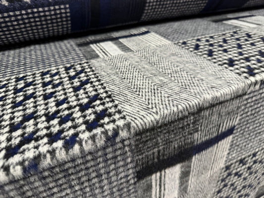 Heavyweight wool flannel coat jacket fabric, per metre - patchwork jacquard - navy & grey