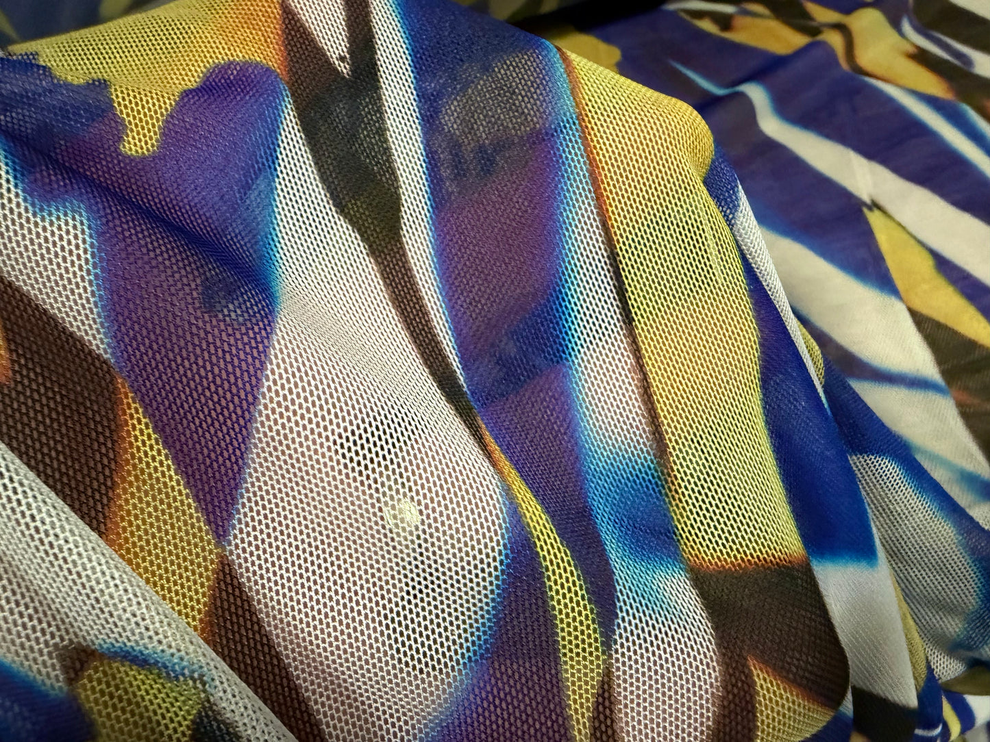 Power mesh net stretch spandex fabric, per metre - distressed tiger print - cobalt blue & gold
