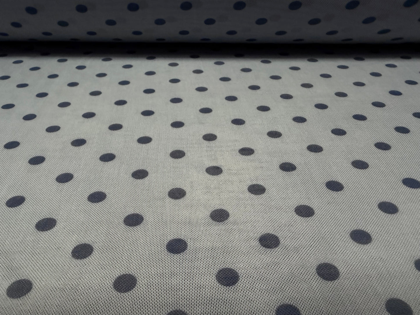 Power mesh net stretch spandex fabric, per metre - polka dot print - blue-grey & indigo