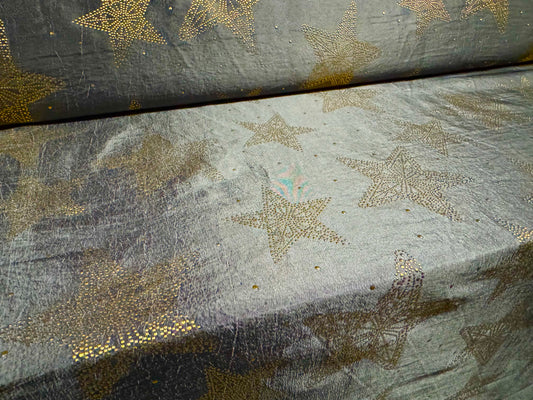 Taffeta faux silk fabric - metallic stars print - grey & gold