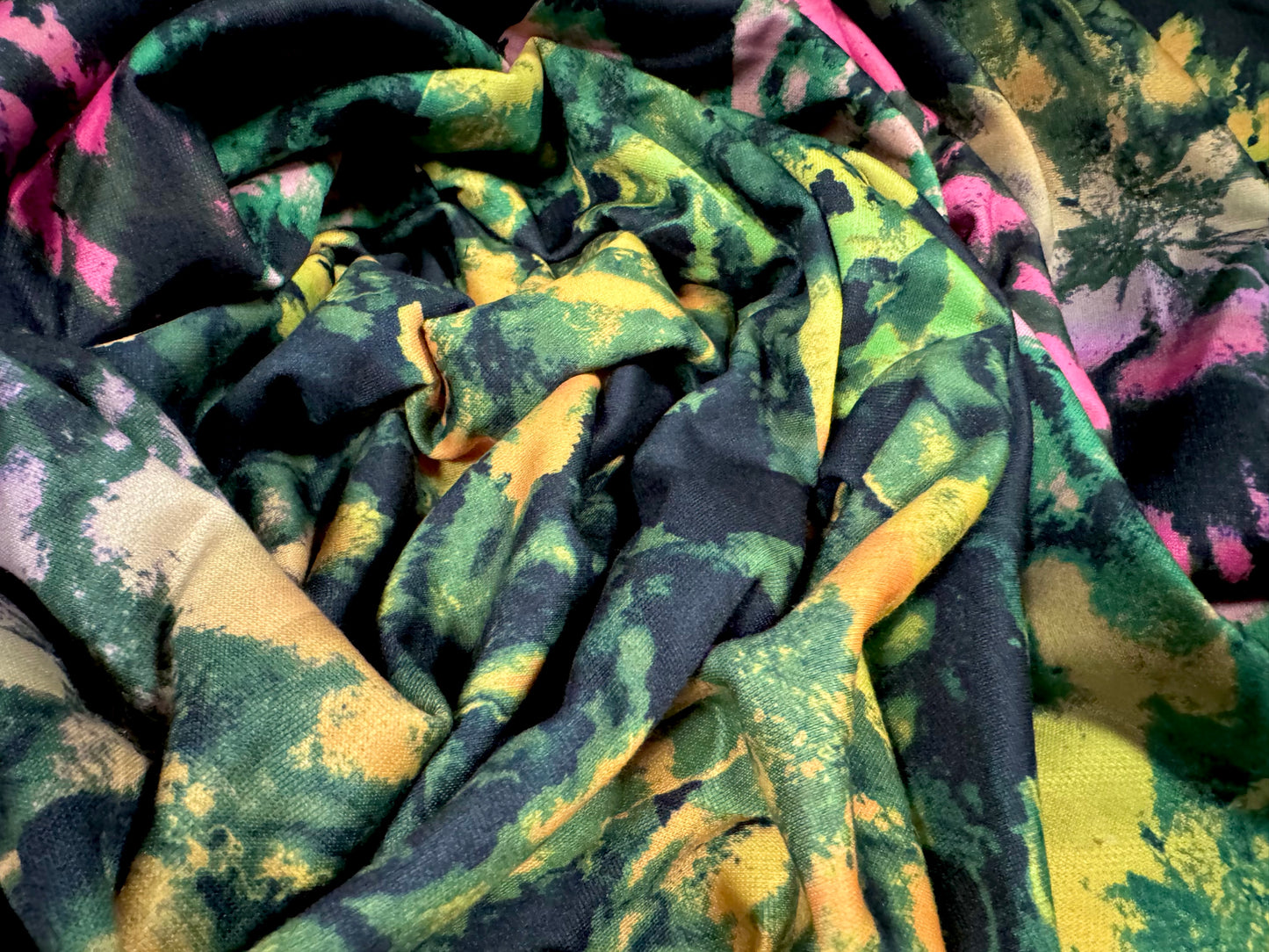 French Terry loopback sweatshirt jersey fabric, per metre - jungle tie dye print - black pink yellow & green