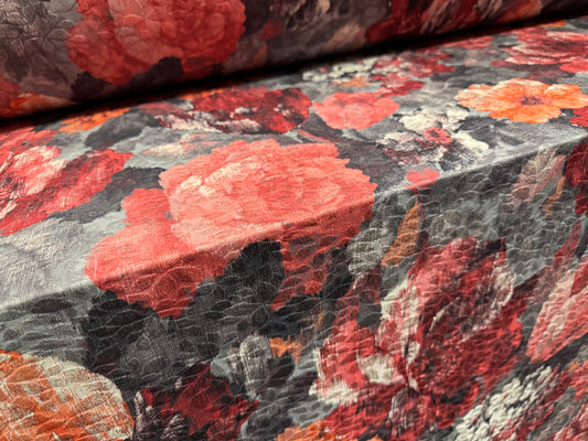 Stretch spandex jersey jacquard fabric, per metre - artistic wild rose print - grey & pink