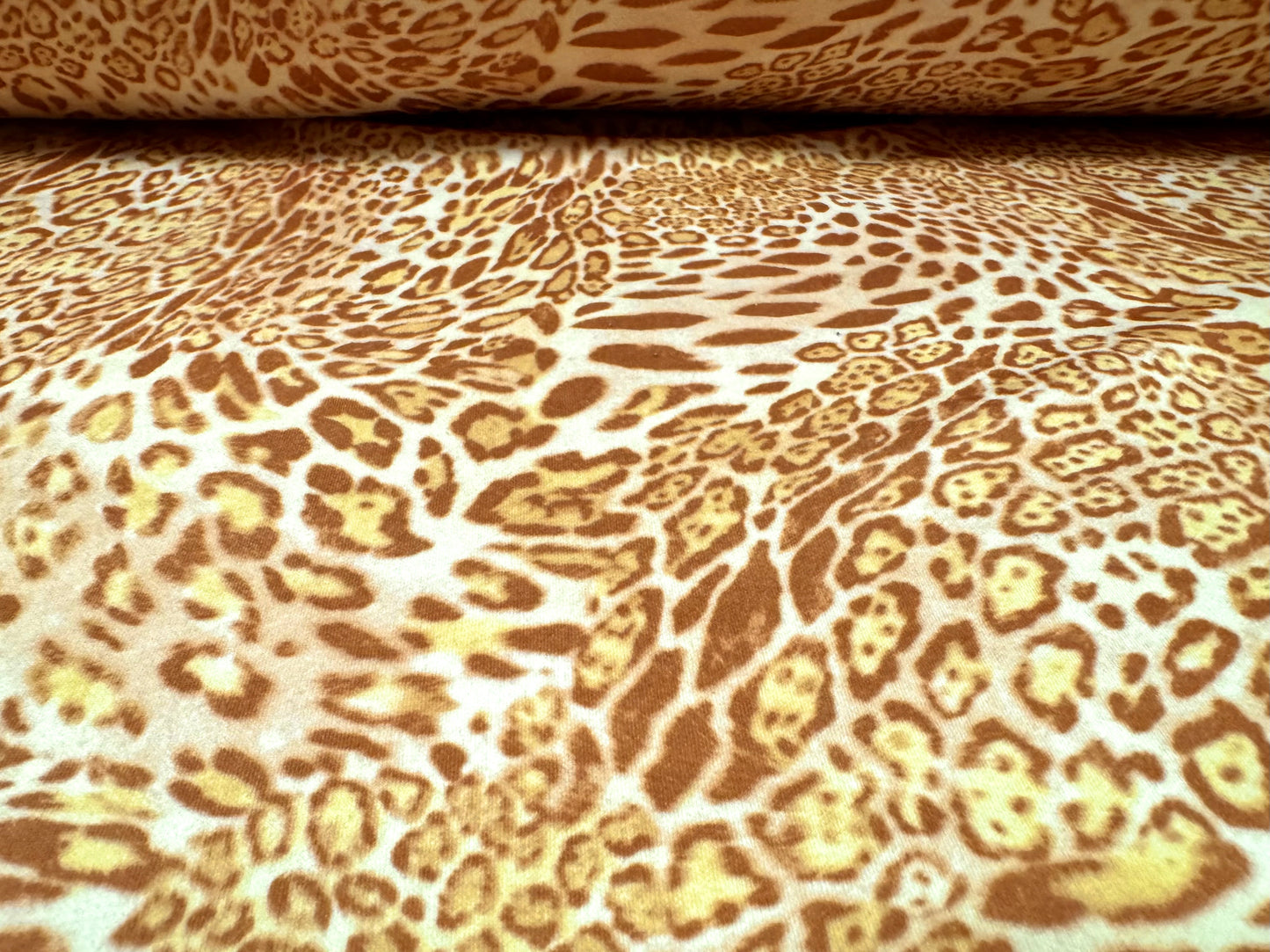 Scuba stretch spandex double jersey dress fabric, per metre - stylised leopard print - gold & cream