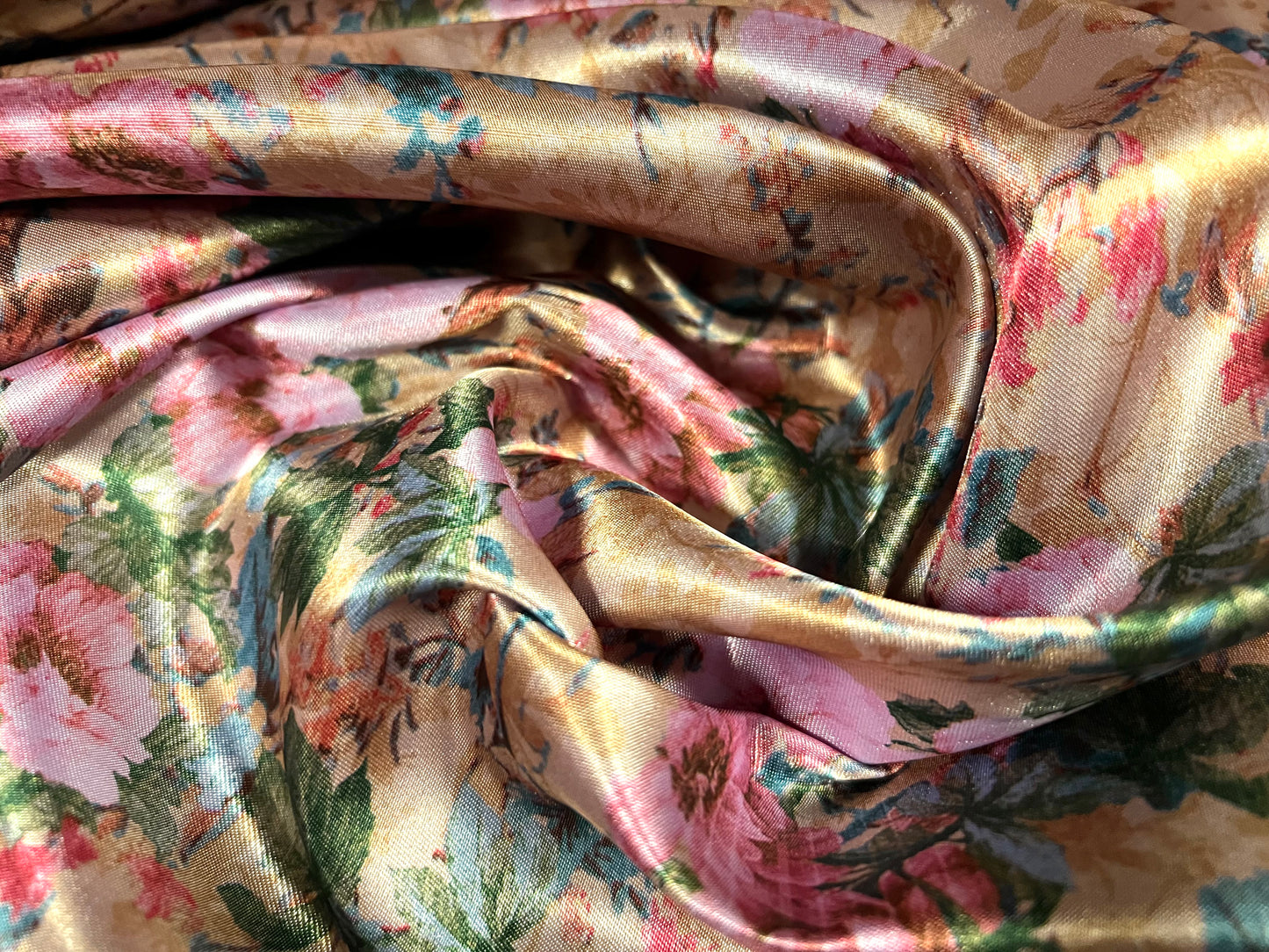 Silky Satin woven dress fabric, per metre - flower print - old gold & pink