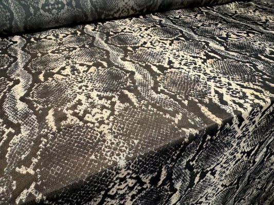 Power mesh net stretch spandex fabric, per metre - snakeskin animal print - grey & cream